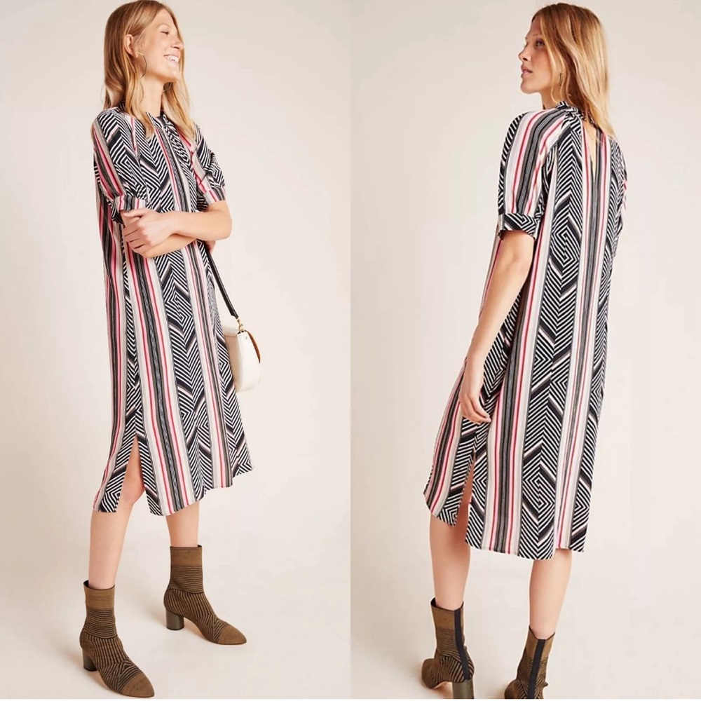Anthropologie Black, White & Pink Striped Midi Dress